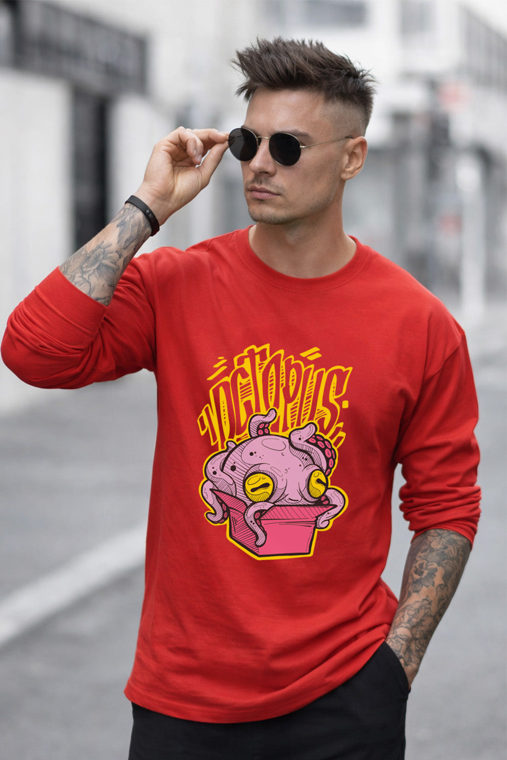 Octopus Red Full Sleeves Regular Fit Printed T-shirt