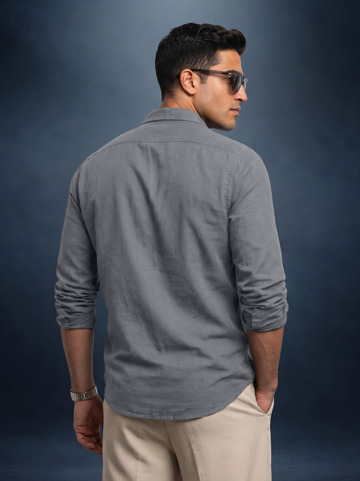 Dark Grey Plain Relaxed Fit Full Sleeve Dual Pocket Utility Exclusive Shirt