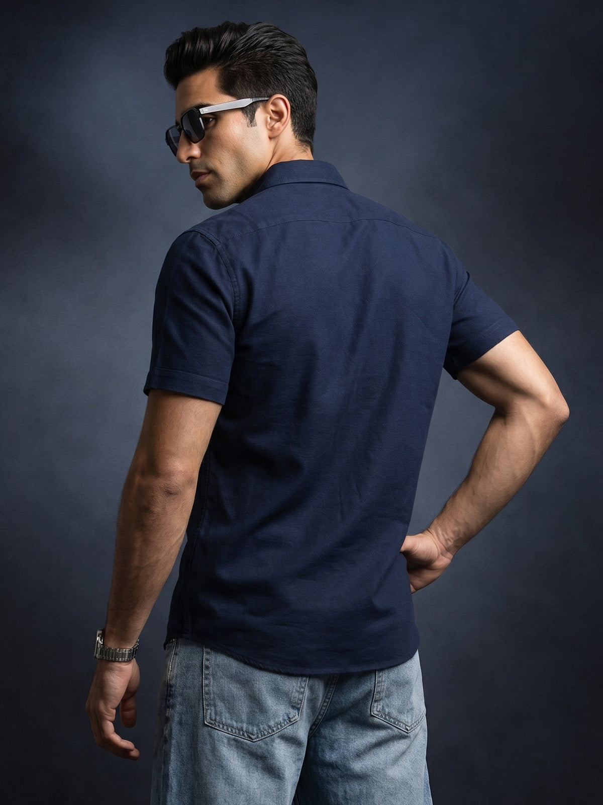 Navy Plain Regular Fit Half Sleeve Single Pocket Exclusive Shirt