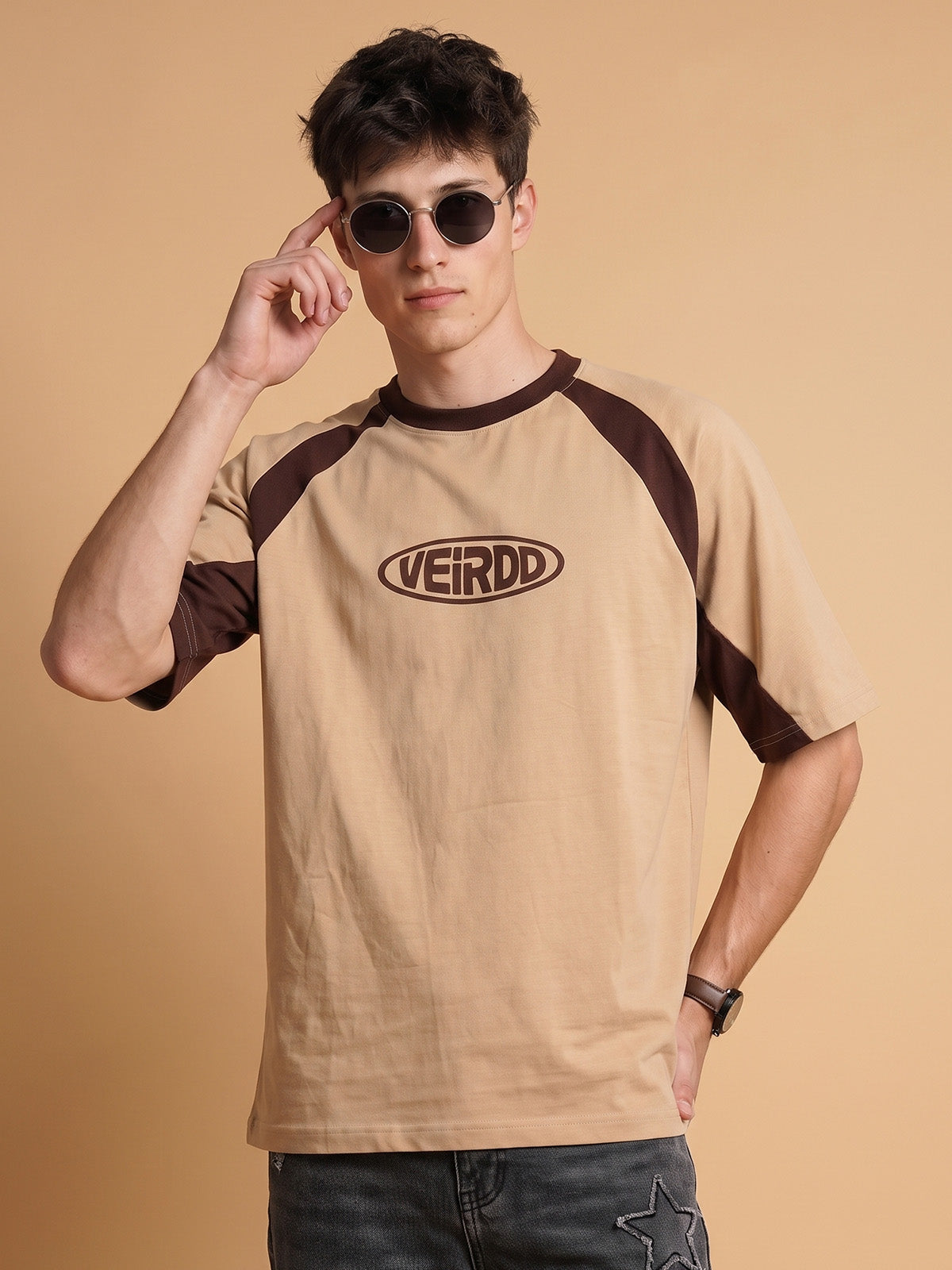 Veirdo Signature Raglan Beige Oversized Graphic Printed T-shirt