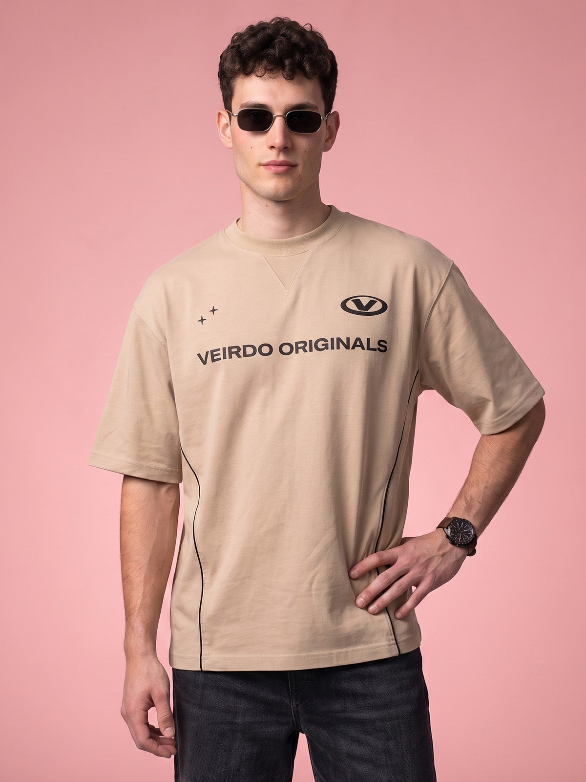 Veirdo Originals Piped Beige Oversized Graphic Printed T-shirt