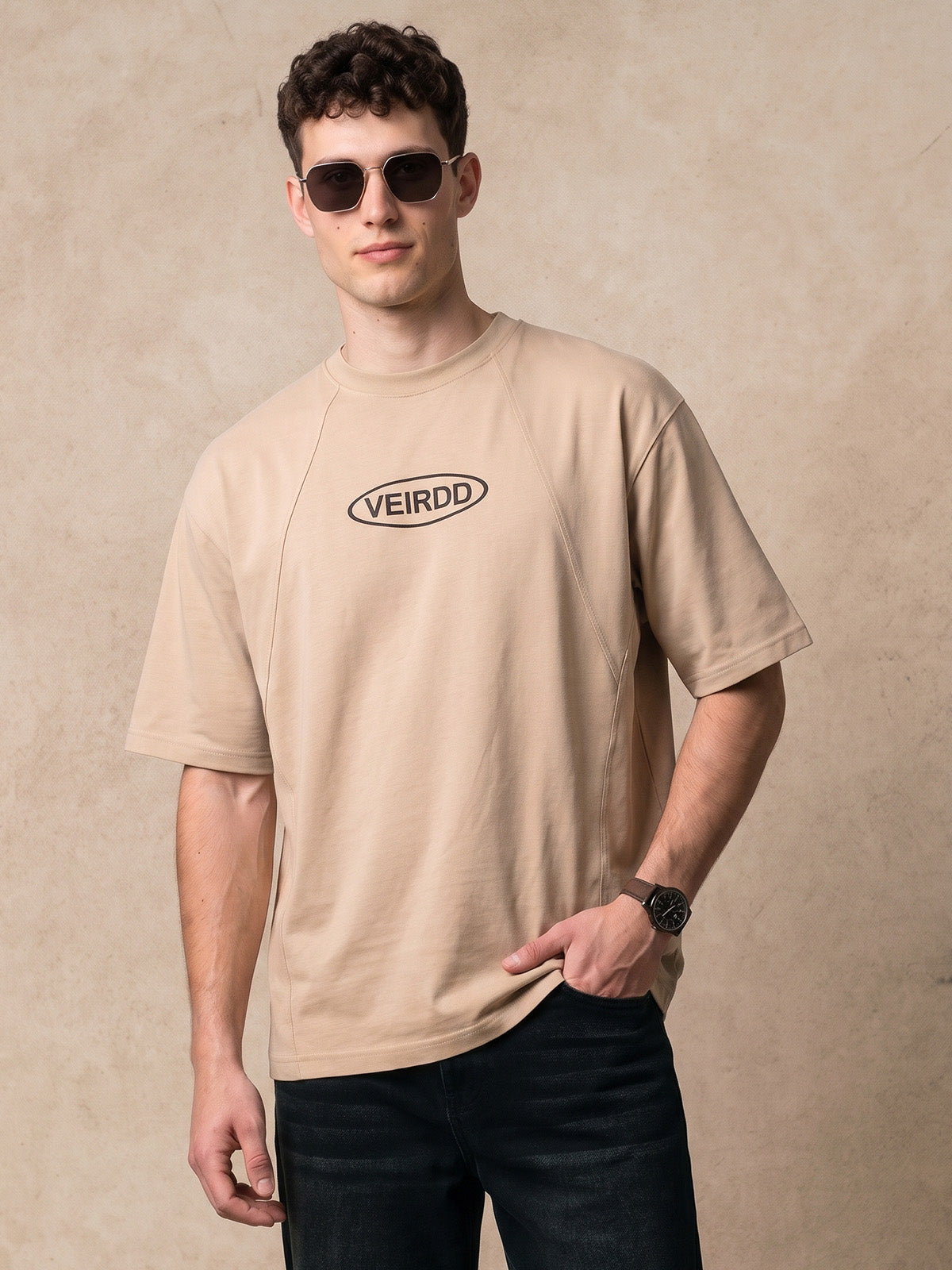 Veirdo Signature Beige Oversized Graphic Printed T-shirt