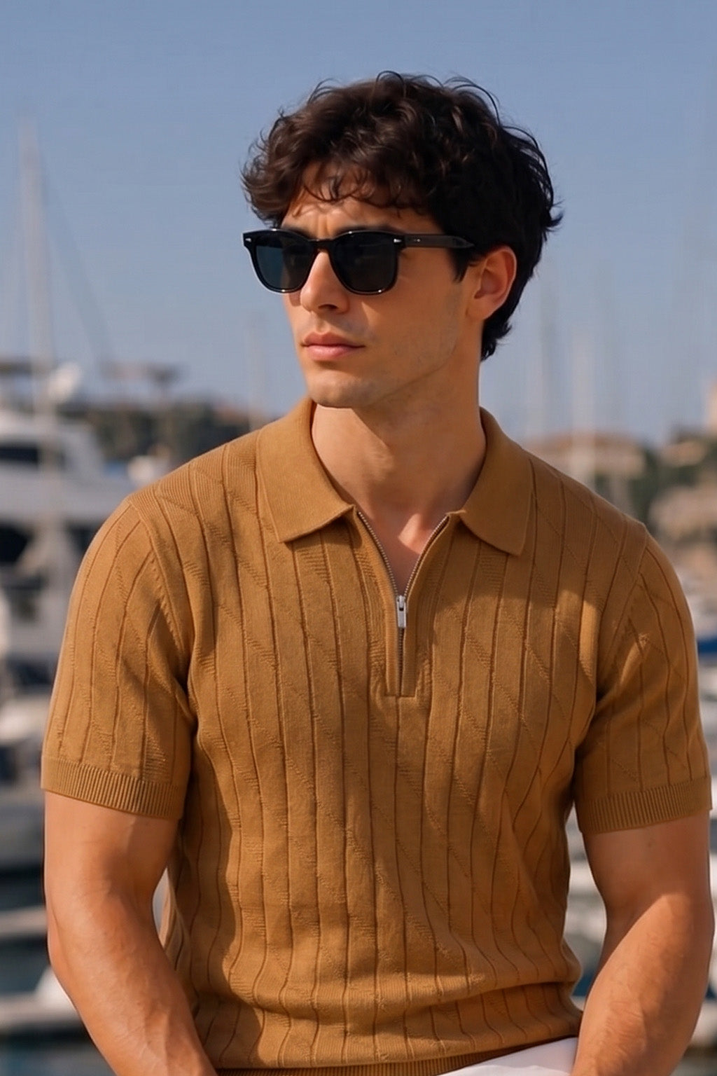 Brown Ribbed Flatknit Textured Regular Fit Exclusive Zipper Polo T-Shirt