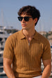 Brown Ribbed Flatknit Textured Regular Fit Exclusive Zipper Polo T-Shirt