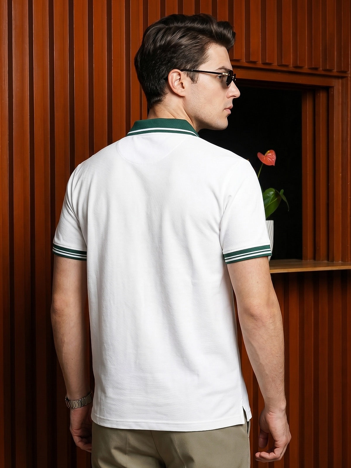 White Pique Stripe Collar Regular Fit Tipping Polo T-shirt