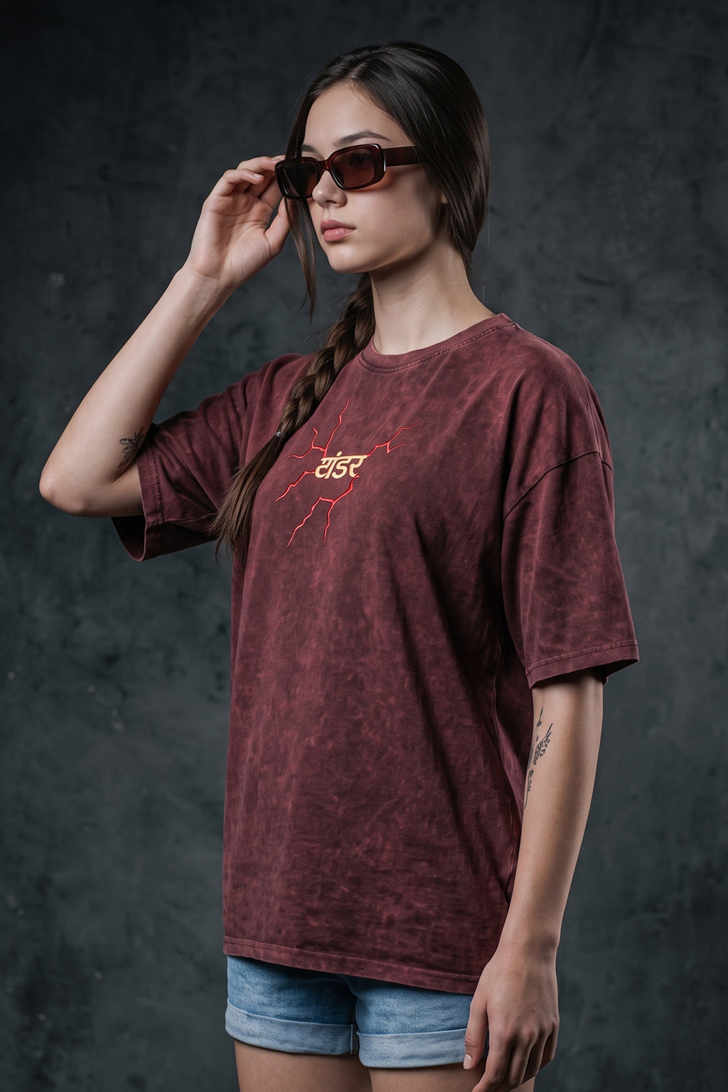 इंद्र थंडर Maroon Acid Washed Puff Printed Exclusive T-shirt Epic Collection For Women