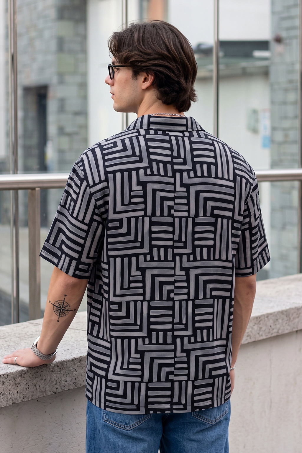 Geo Lines Black All Over Printed Oversized Exclusive Shirt