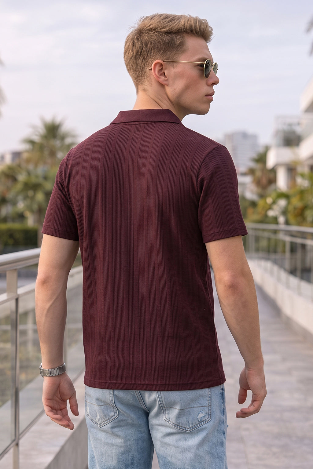 Wine Cross Lining Jacquard Regular Fit Button Polo