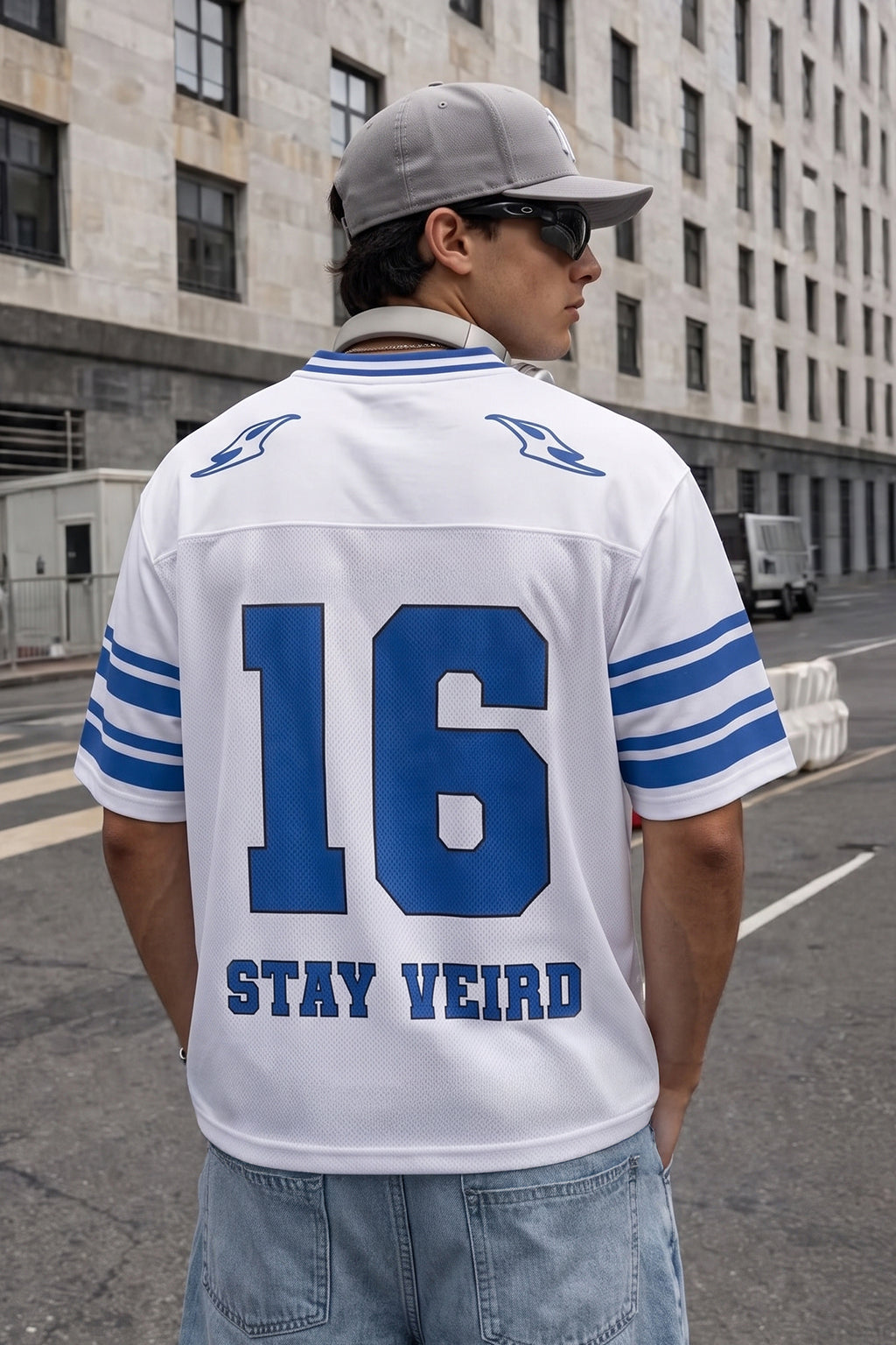 Veirdo 16 Blue & White Varsity Collar Oversized T-Shirt