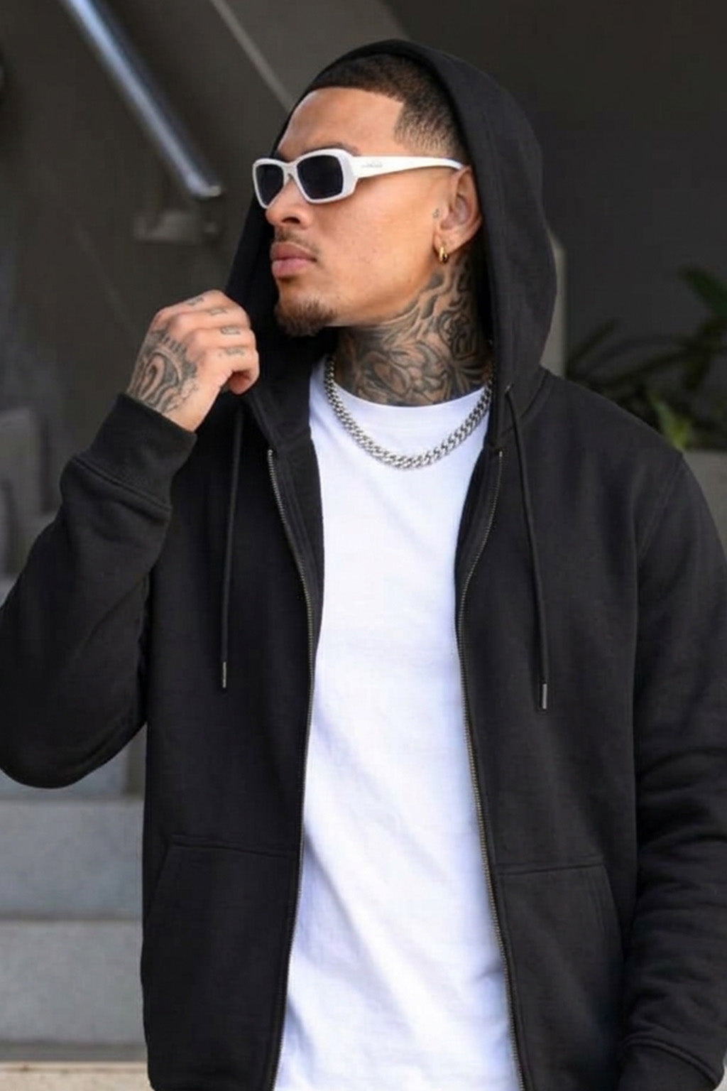 Black Ribbed Cuff Regular Fit Zip-Up Hoodie