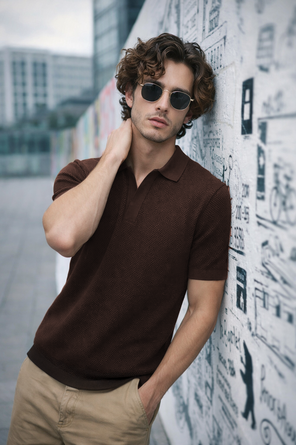 Brown Classic Micro Flatknit Textured Loose Fit Exclusive Polo T-Shirt