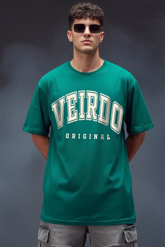 Veirdo Original Green Oversized Typography Brand Printed  T-shirt