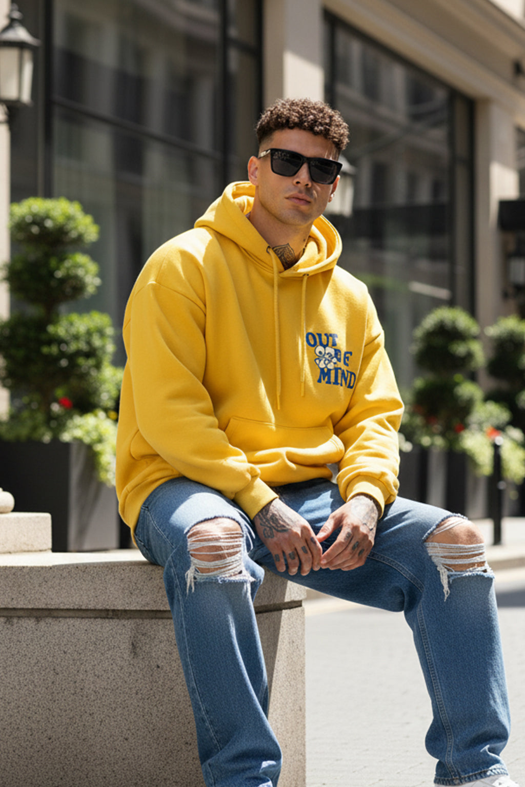 Out of Mind Mustard Oversized Pocket Typographic Printed  Hoodie