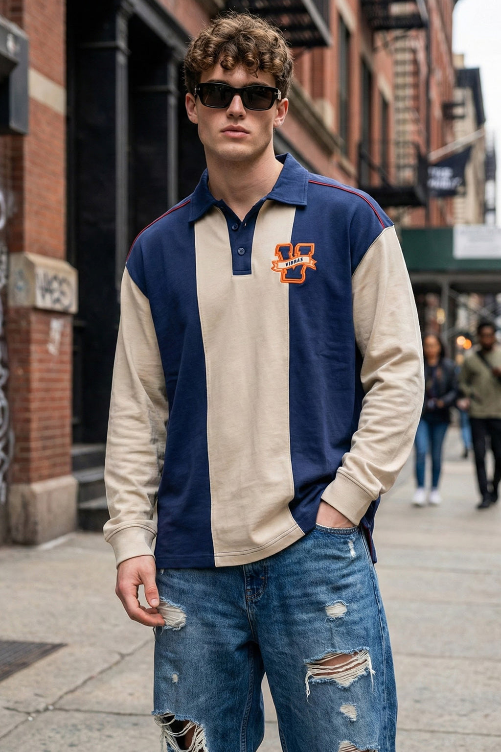 Veirdo Beige & Navy Oversized Full Sleeve Exclusive Polo T-shirt