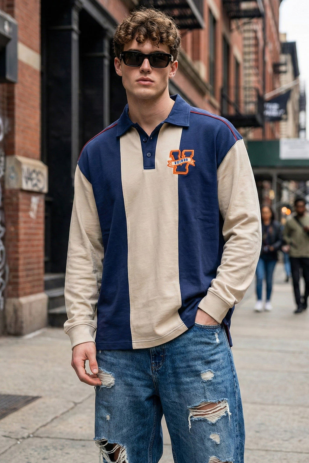 Veirdo Beige & Navy Oversized Full Sleeve Exclusive Polo T-shirt
