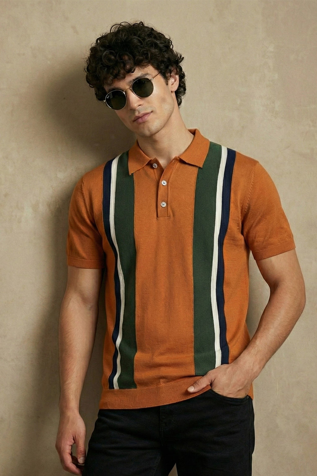 Rust Yelllow Stripped Flatknit Textured Regular Fit Exclusive Polo T-Shirt