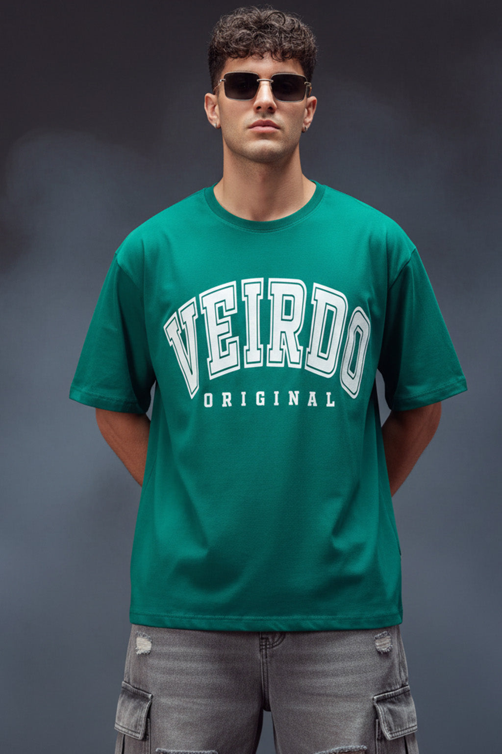 Veirdo Original Green Oversized Typography Brand Printed  T-shirt