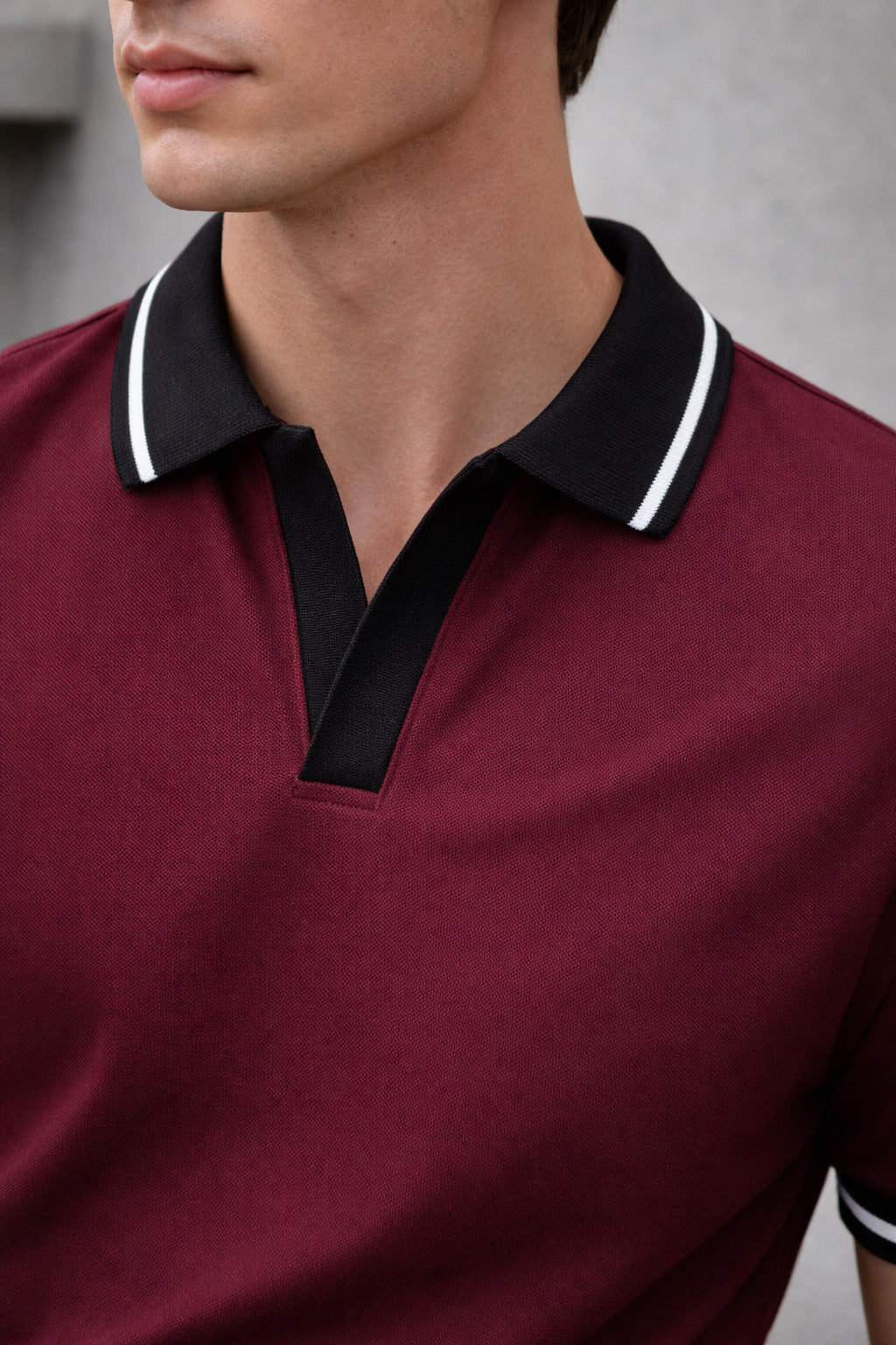Maroon Contrast Stripped Collar Economic Regular Fit Pique Polo