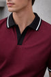 Maroon Contrast Stripped Rib Collar Economic Regular Fit Pique Polo