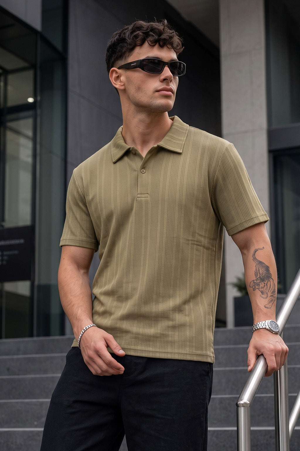 Olive Cross Lining Jacquard Regular Fit Button Polo