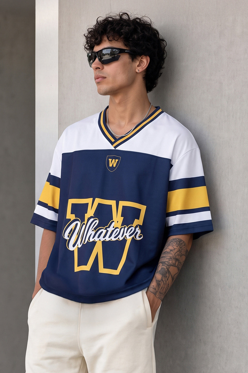 Whatever Navy Varsity Collar Oversized T-Shirt