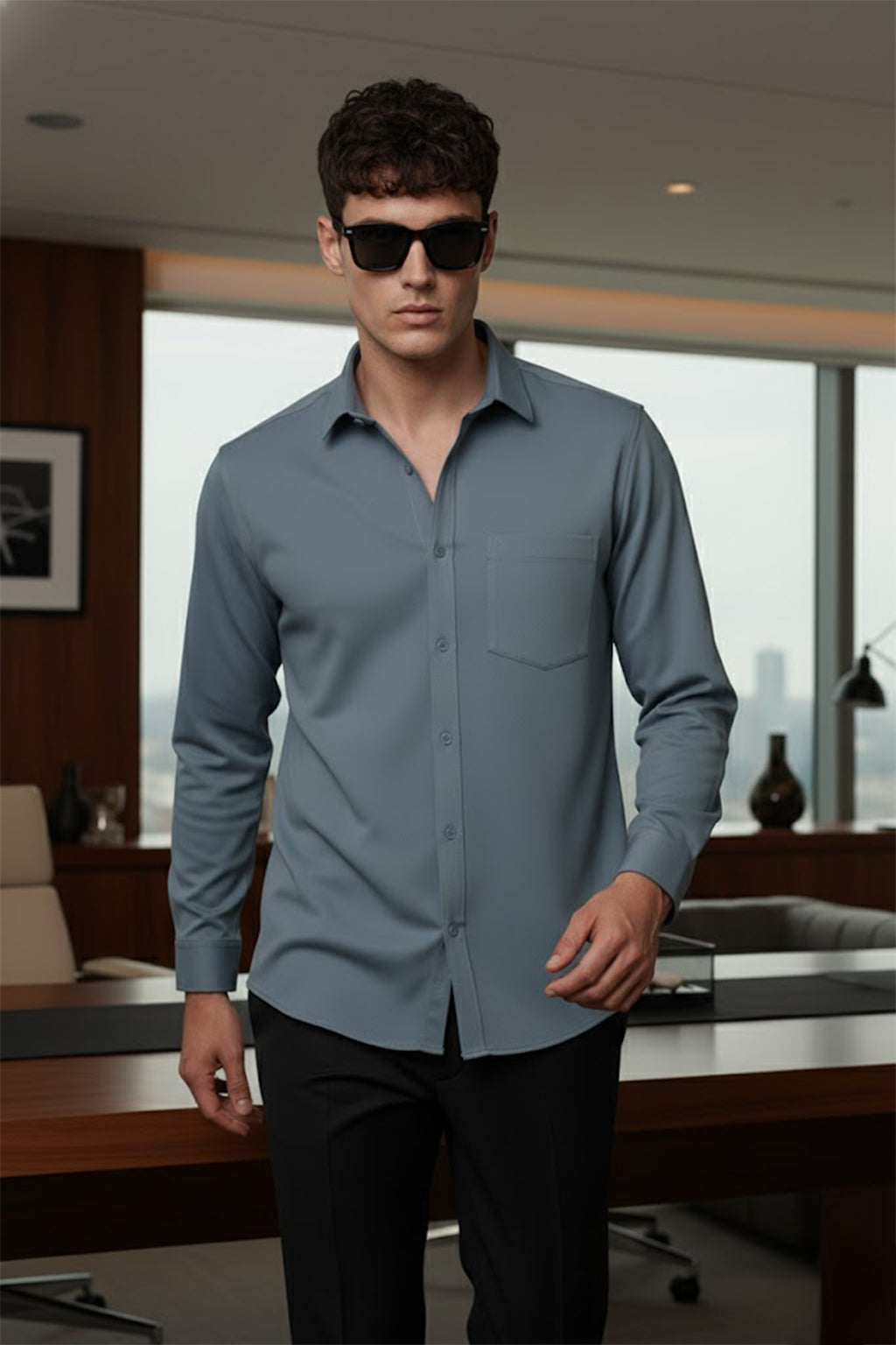 Airforce Blue Plain Regular Fit Single Pocket Full Sleeve Exclusive Shirt