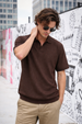 Brown Classic Micro Flatknit Textured Loose Fit Exclusive Polo T-Shirt