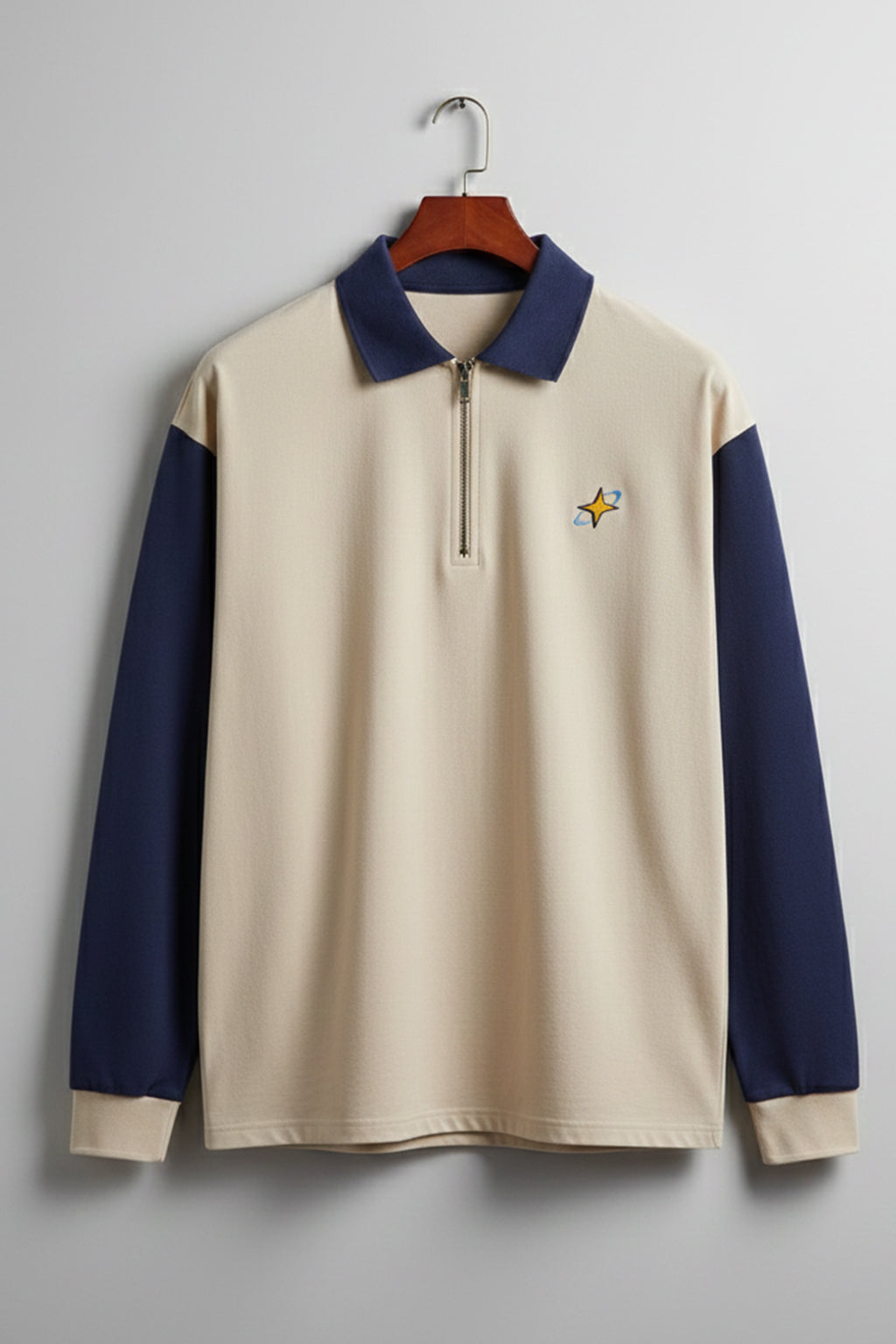 Street Vibe Beige & Navy Oversized Full Sleeve Exclusive Polo T-shirt