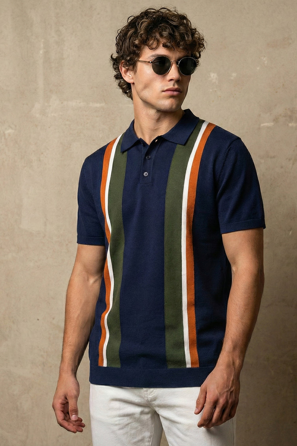 Navy Stripped Flatknit Textured Regular Fit Exclusive Polo T-Shirt