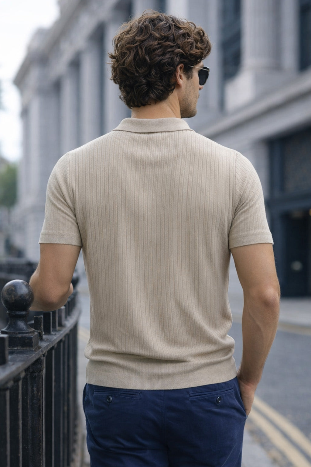 Beige Ribknit Ribbed Plain Regular Fit Polo T-shirt
