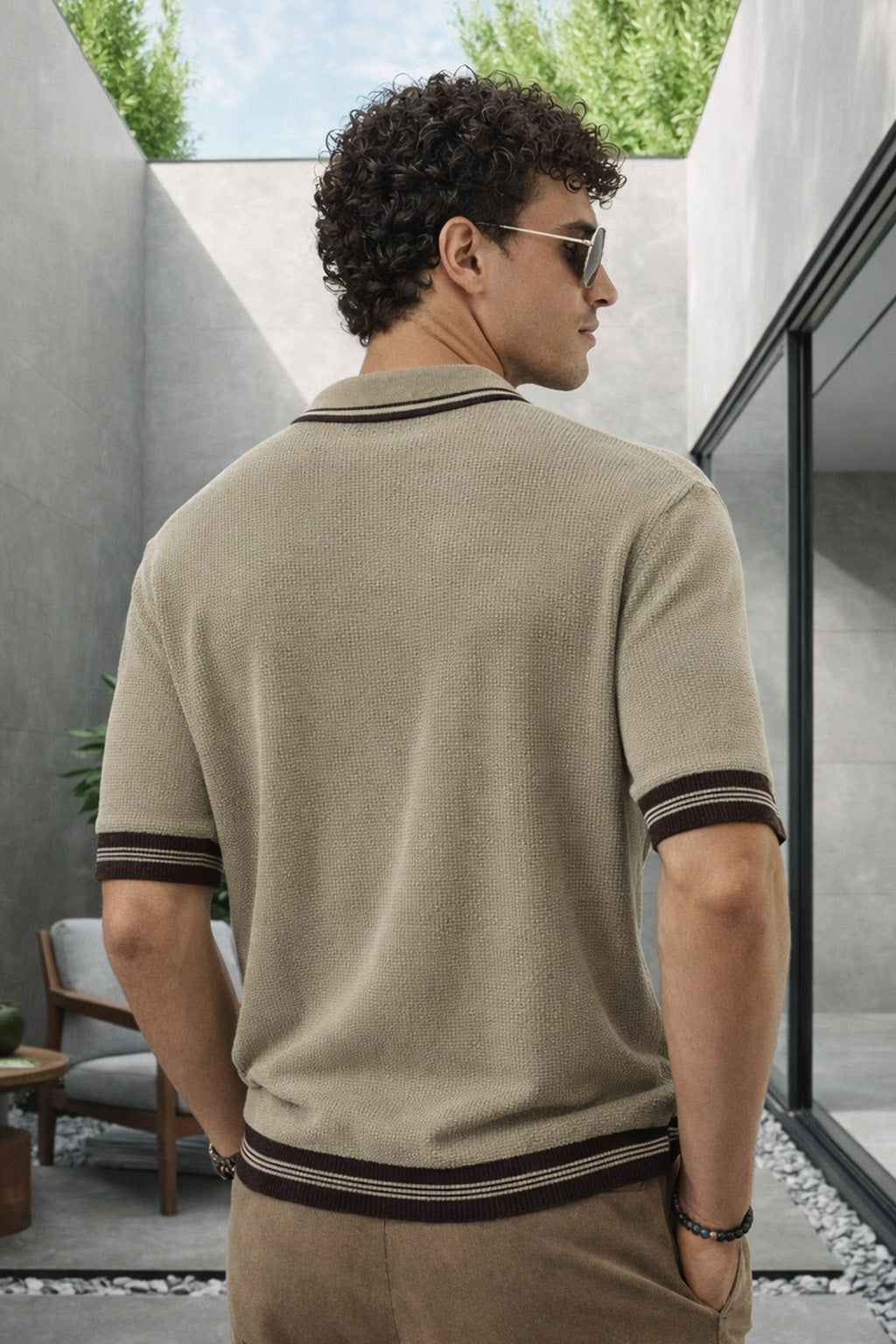 Cappuccino Contrast Beige Flatknit Textured Regular Fit Exclusive Polo T-Shirt