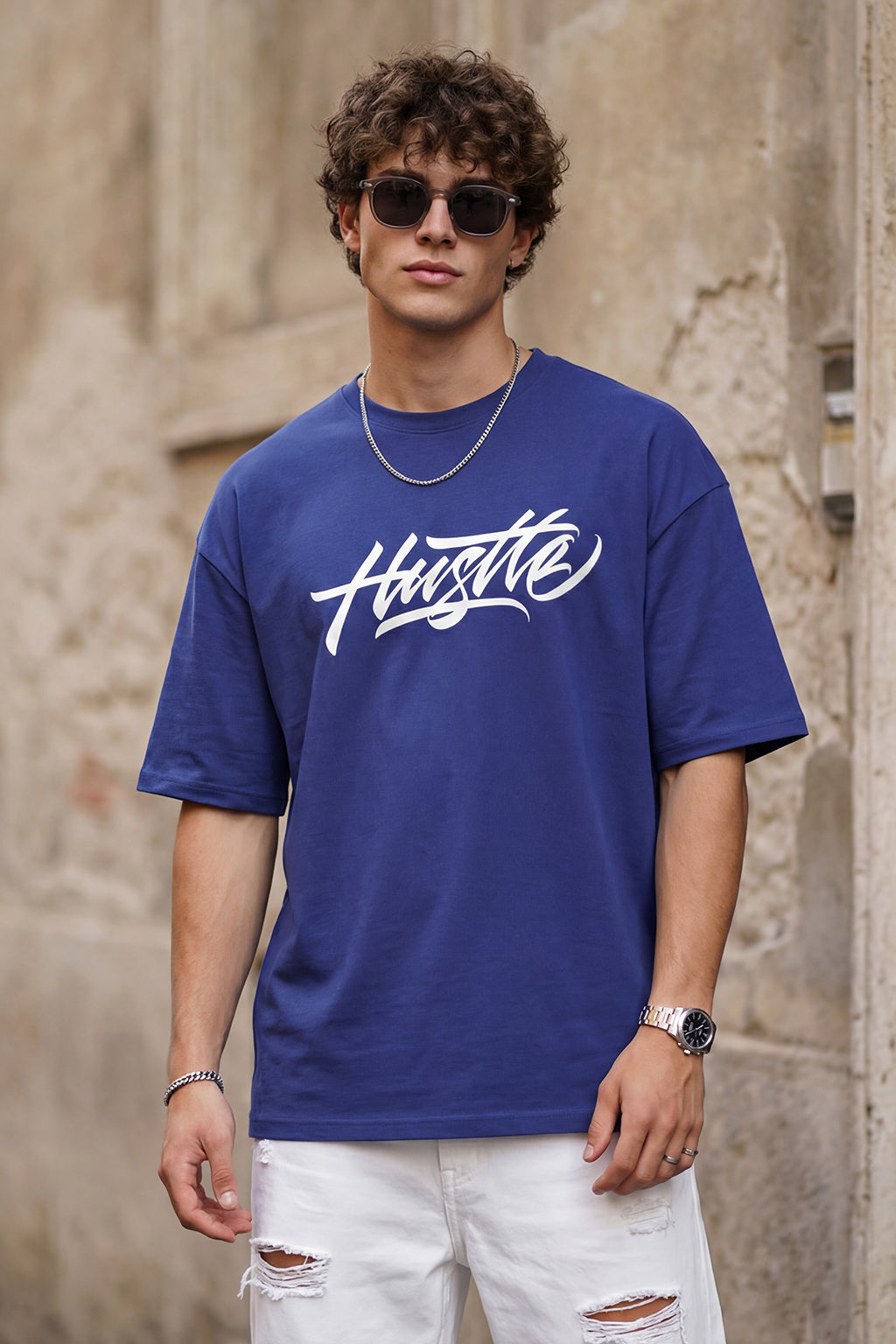 HUSTLE Blue Oversized Graphic Back Printed T-shirt
