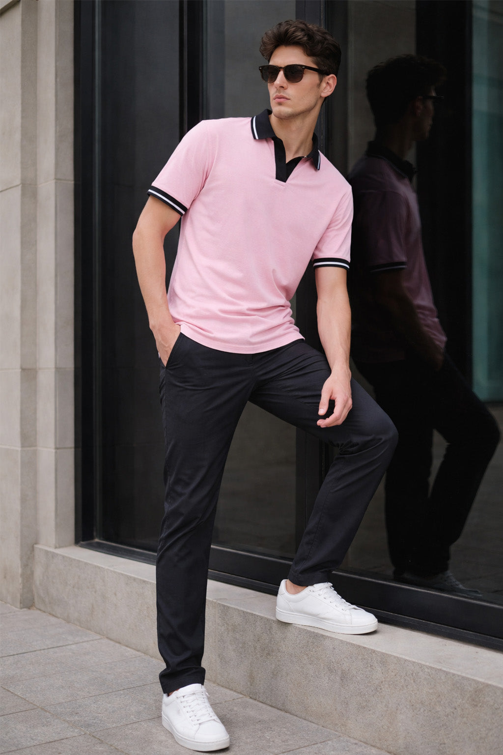 Pink Contrast Stripped Collar Economic Regular Fit Pique Polo
