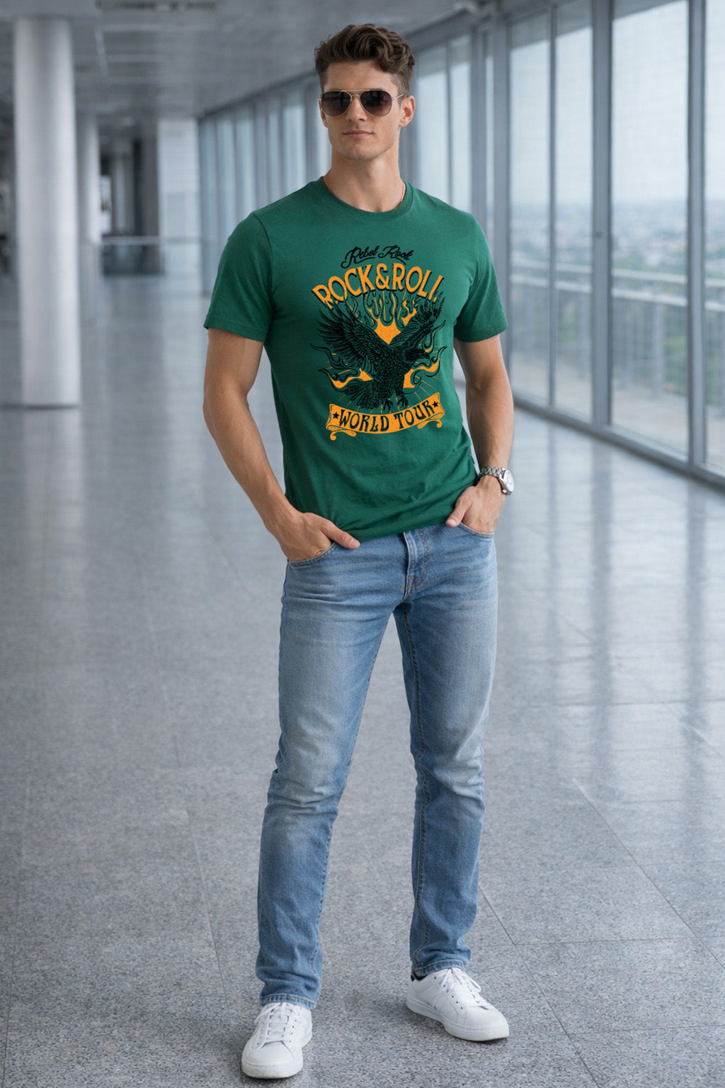 Rock And Roll Green Regular Fit Printed T-shirt