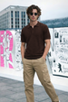 Brown Classic Micro Flatknit Textured Loose Fit Exclusive Polo T-Shirt