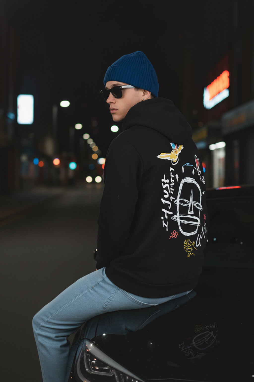 Happy Guy Black Regular Fit Back Printed Hoodie