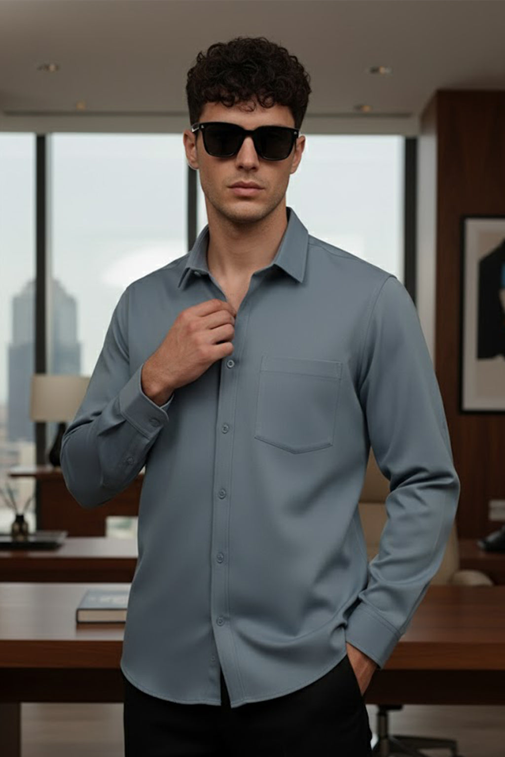 Airforce Blue Plain Regular Fit Single Pocket Full Sleeve Exclusive Shirt