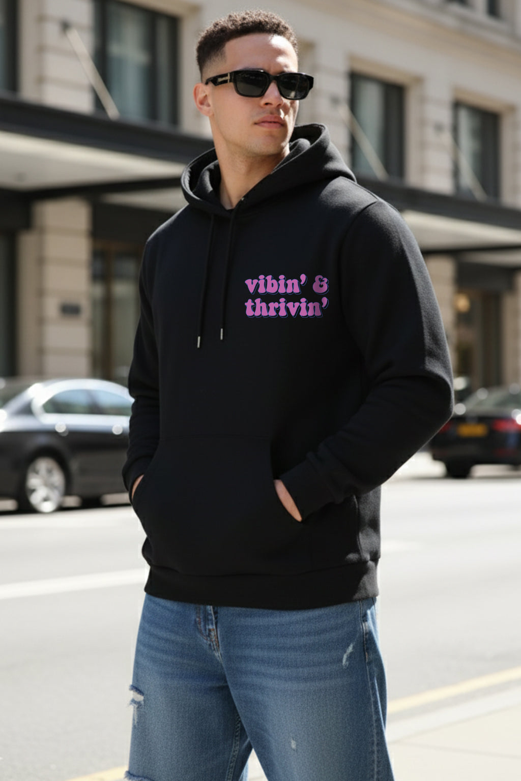 Vibin & Thrivin Black Regular Fit Back Printed Hoodie