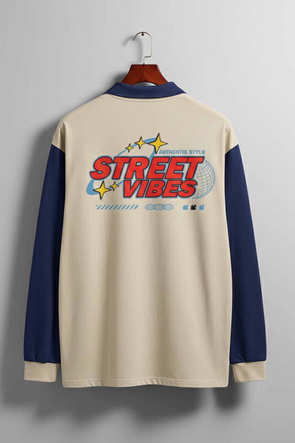 Street Vibe Beige & Navy Oversized Full Sleeve Exclusive Polo T-shirt