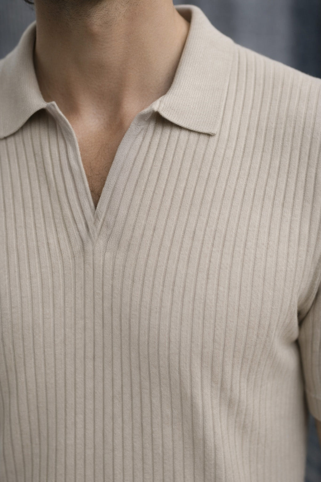 Beige Ribknit Ribbed Plain Regular Fit Polo T-shirt