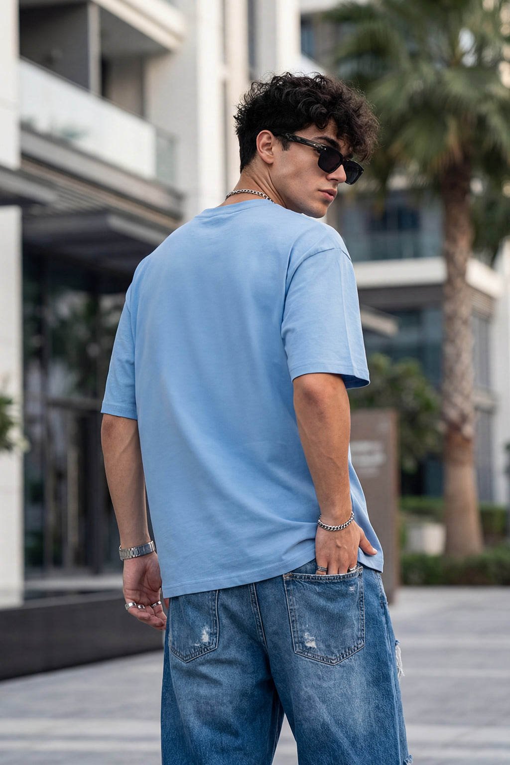 Heaven Blue Oversized Chest Graphic Printed T-shirt