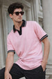 Pink Contrast Stripped Rib Collar Economic Regular Fit Pique Polo