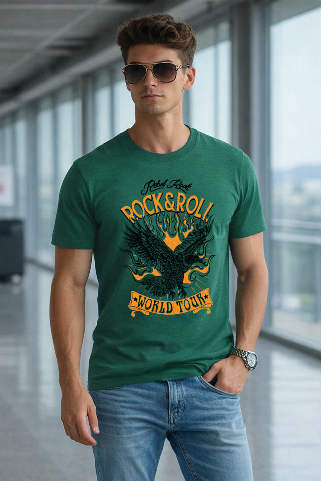 Rock And Roll Green Regular Fit Printed T-shirt