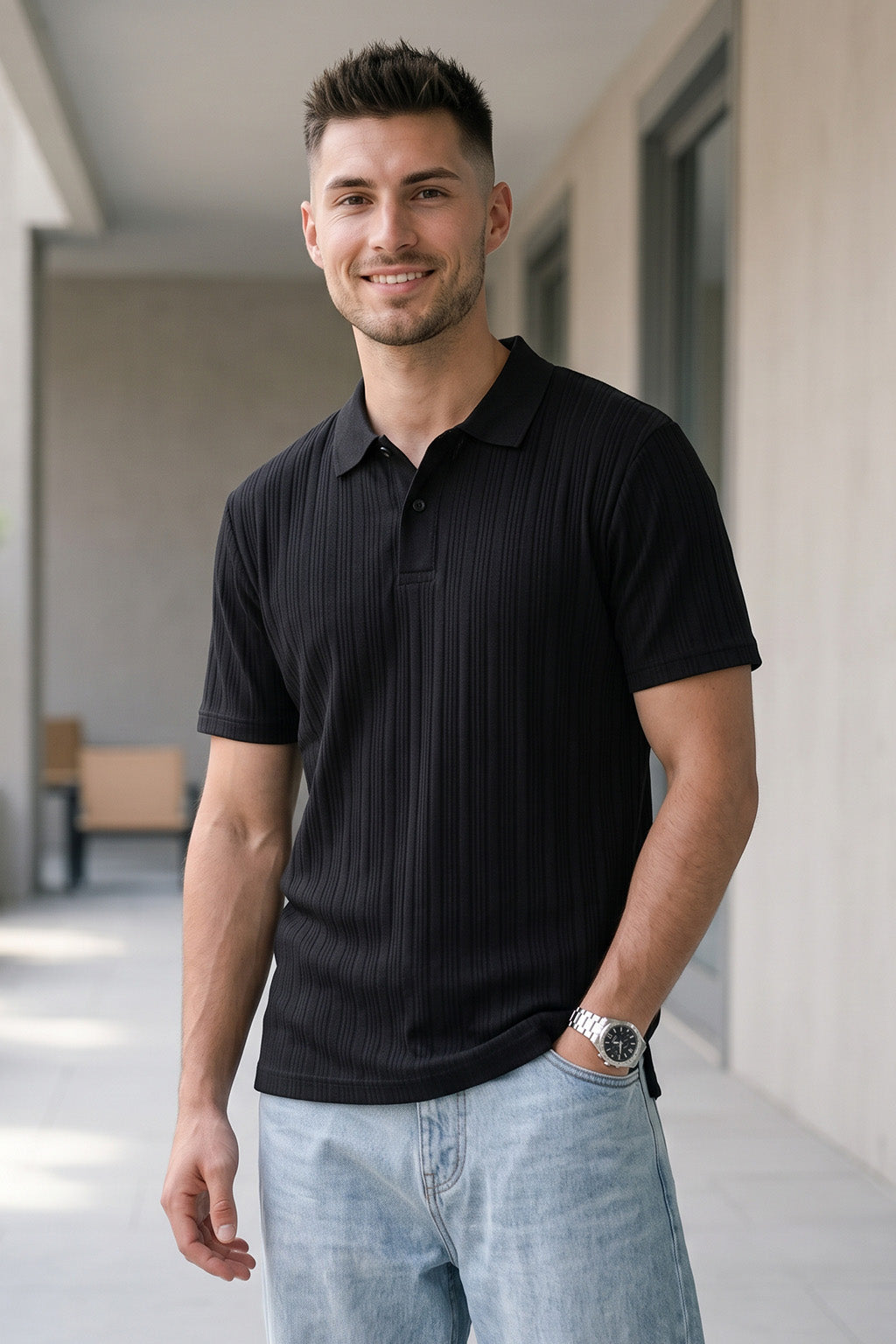 Black Cross Lining Jacquard Regular Fit Button Polo