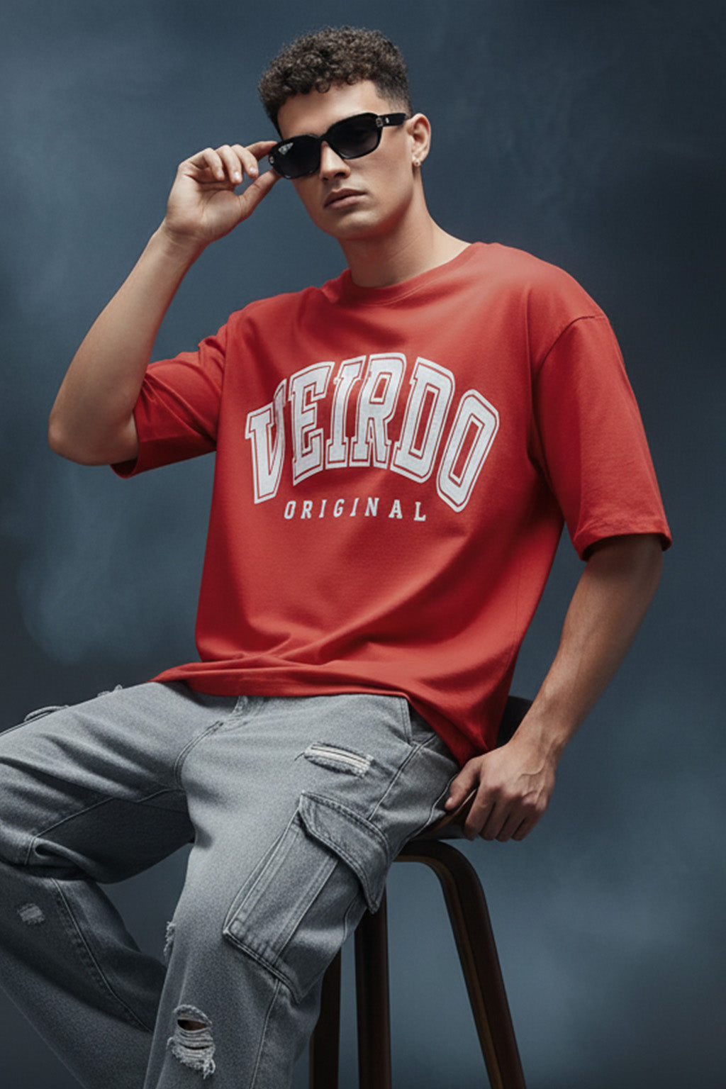 Veirdo Original Red Oversized Typography Brand Printed  T-shirt