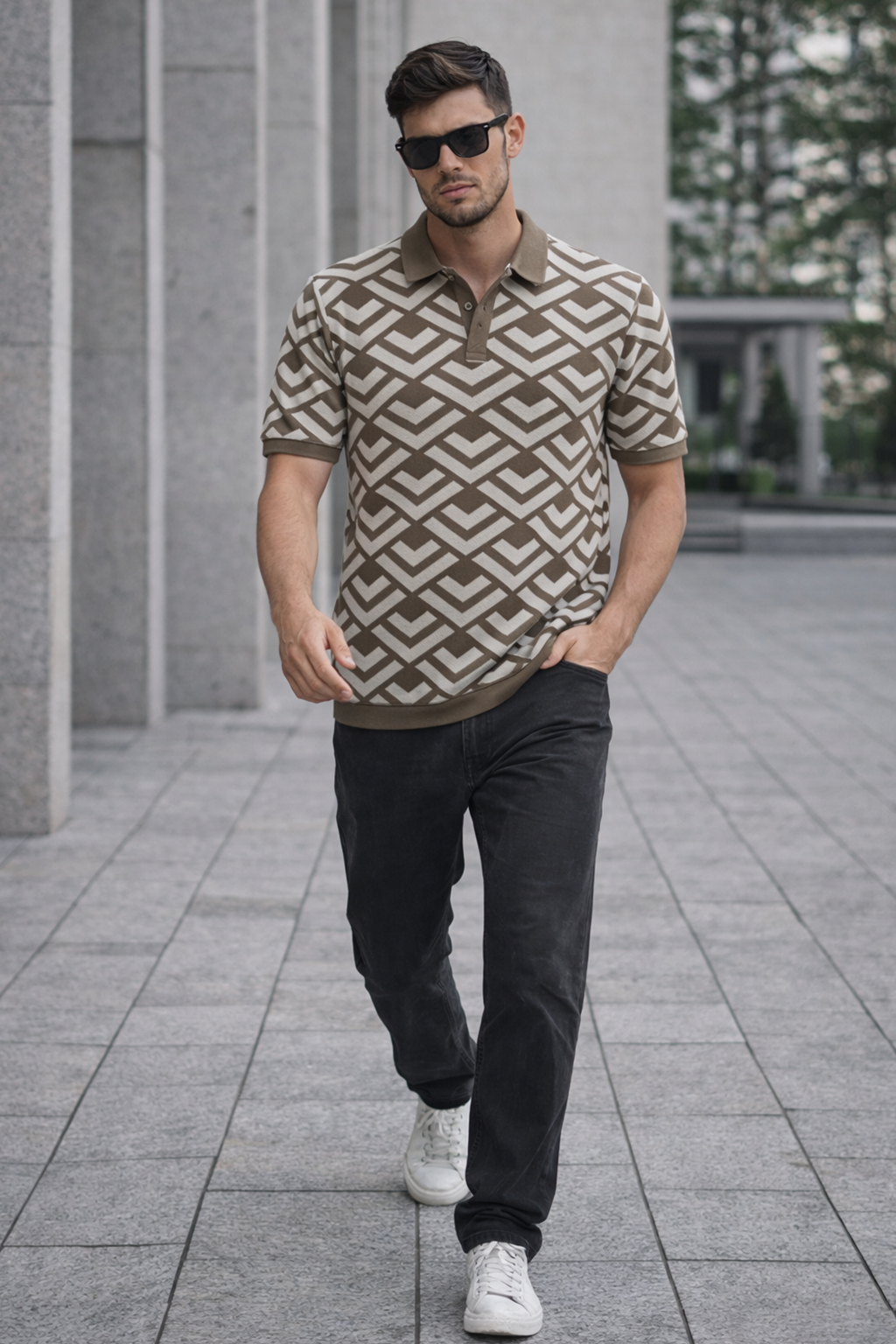 Heritage Taupe Brown Flatknit Textured Loose Fit Exclusive Polo T-Shirt