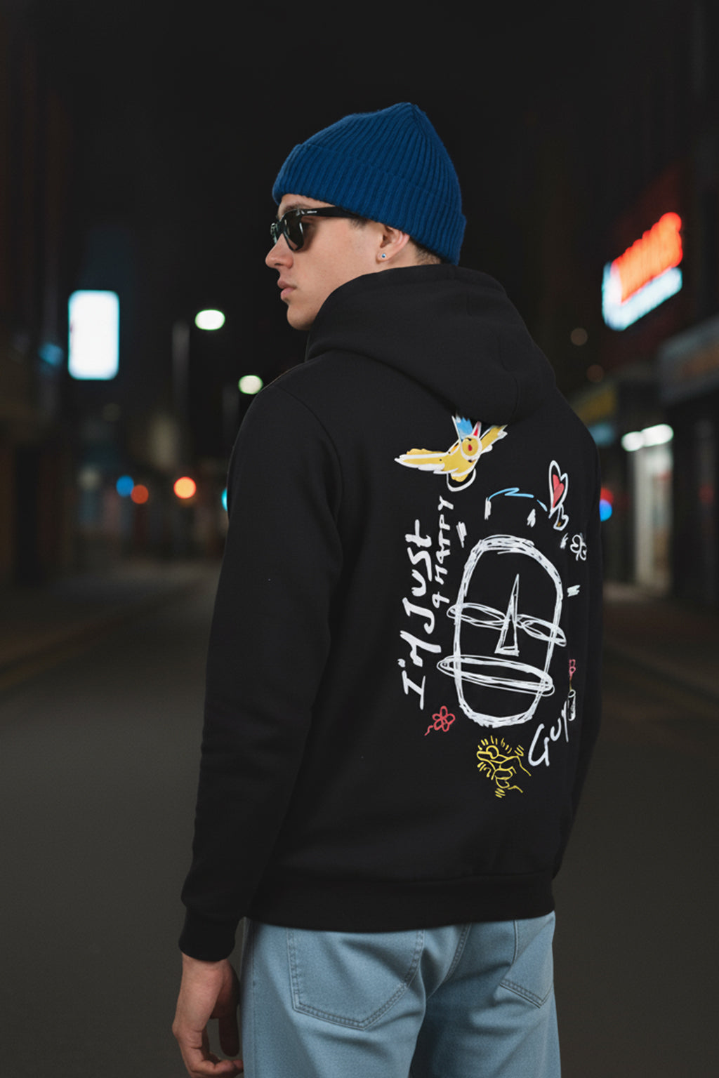 Happy Guy Black Regular Fit Back Printed Hoodie