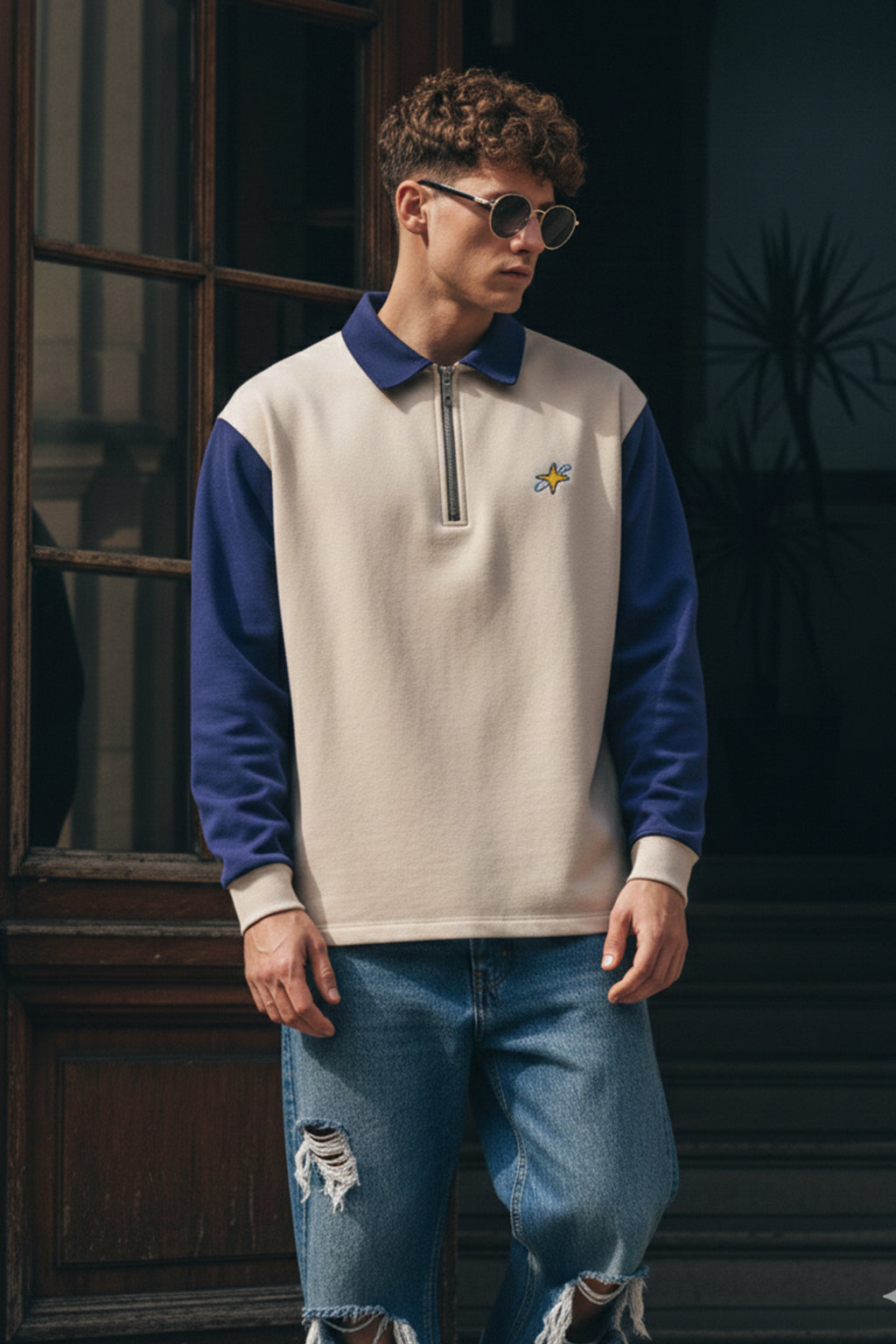 Street Vibe Beige & Navy Oversized Full Sleeve Exclusive Polo T-shirt