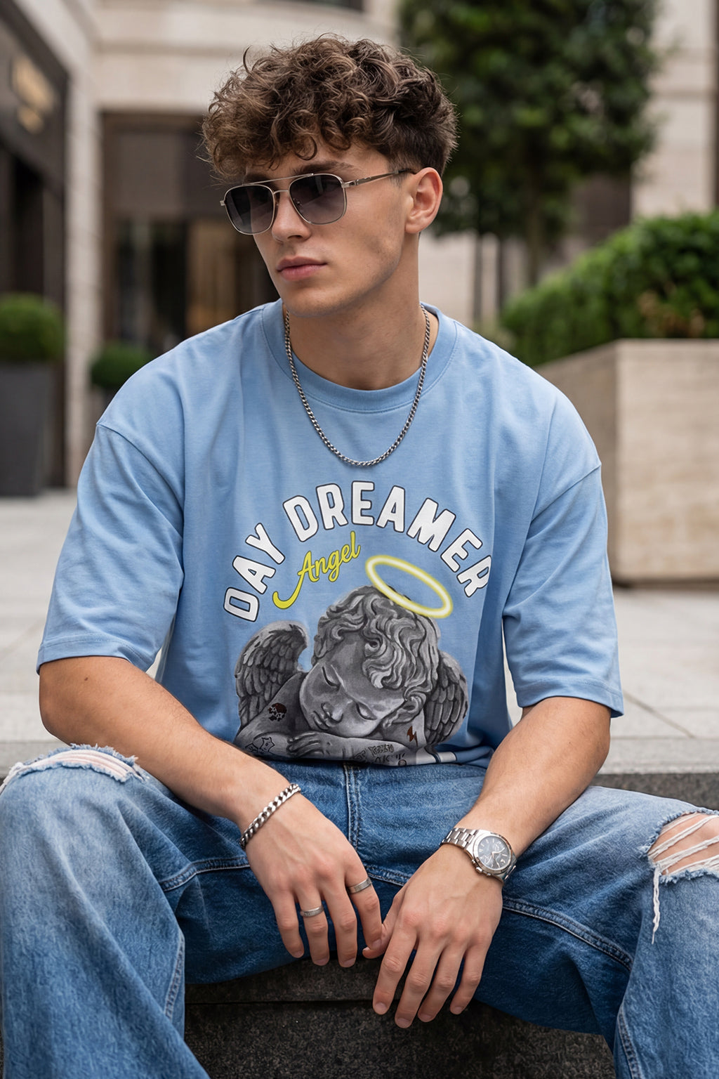 Heaven Blue Oversized Chest Graphic Printed T-shirt