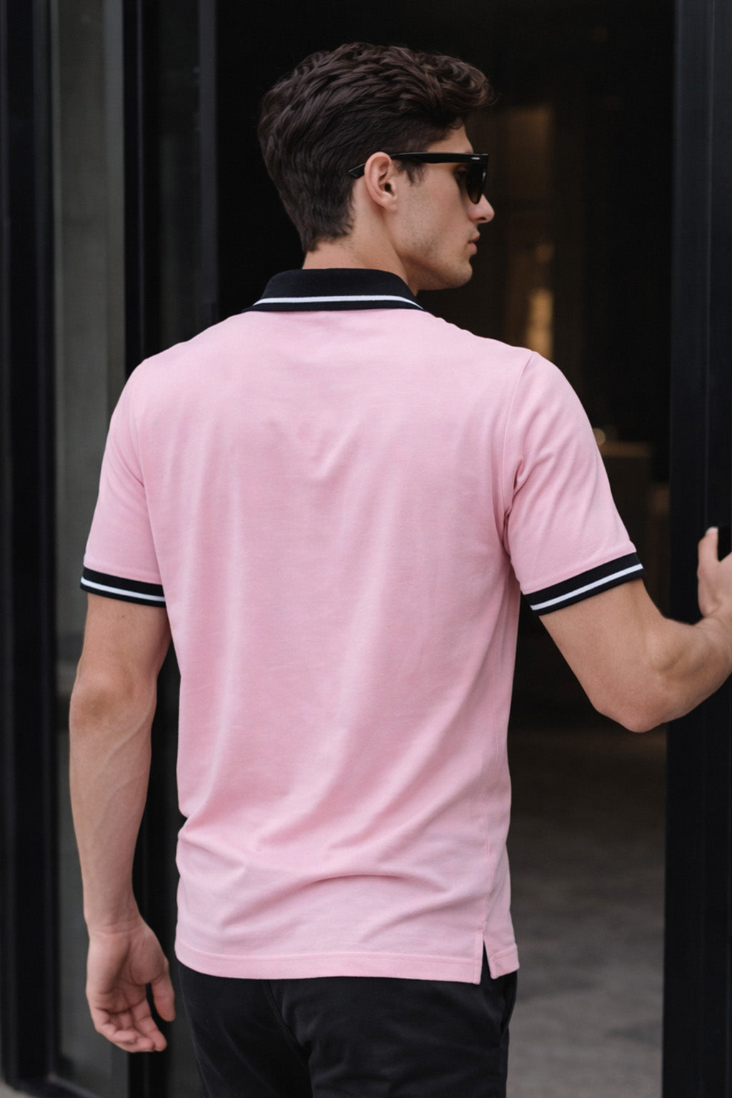 Pink Contrast Stripped Collar Economic Regular Fit Pique Polo